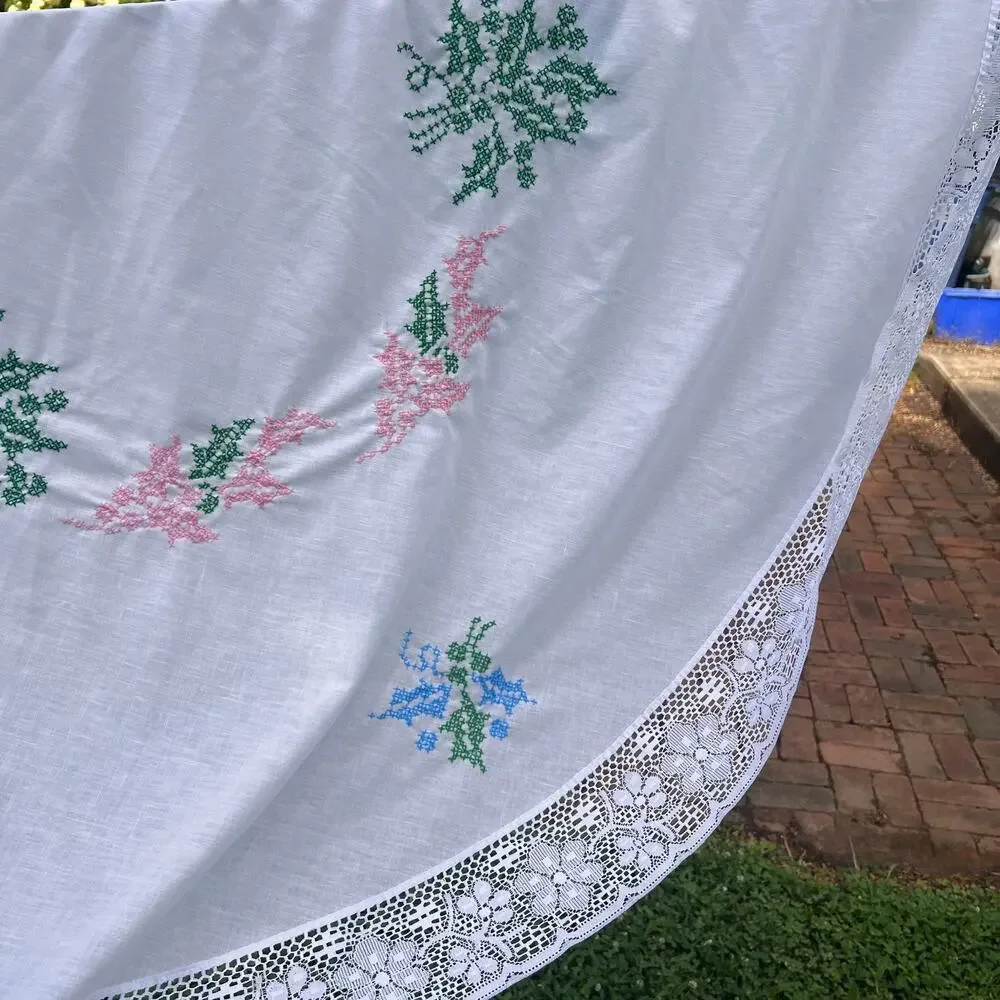 Vintage Hand Cross-Stitched Round Tablecloth 64” White Lace Trim Cottagecore